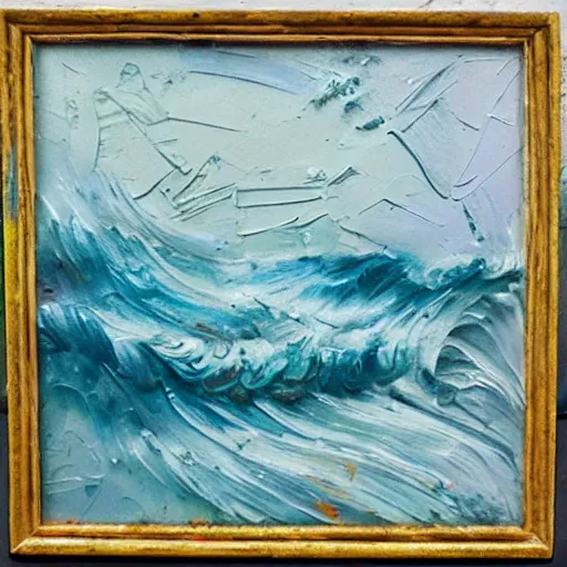 Prompt: oil paint impasto relief, beautiful powerful waves, colours teal white cream grey blue, multi layered thick brush marks, some splattered paint, in the style of ivan shishkin and frank auerbach and rene lalique