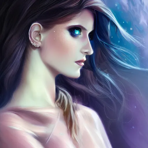 Image similar to fantasy magic fashion girl portrait, sci - fi, glossy eyes, face, long hair, fantasy, intricate, elegant, highly detailed, digital painting, artstation, concept art, smooth, sharp focus, illustration