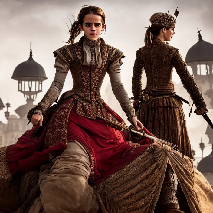 Prompt: full length photo of emma watson as an ottoman warrior, highly detailed, 4 k, hdr, smooth, sharp focus, high resolution, award - winning photo