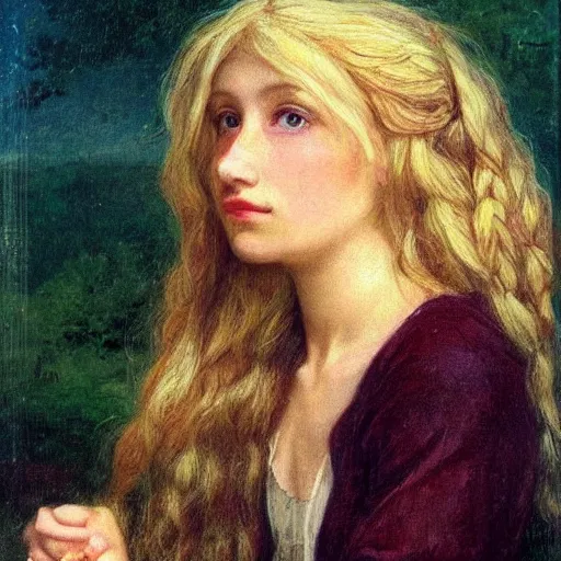 Prompt: A beautiful Blonde Woman with Locks in the style of Sophie Anderson, Portrait
