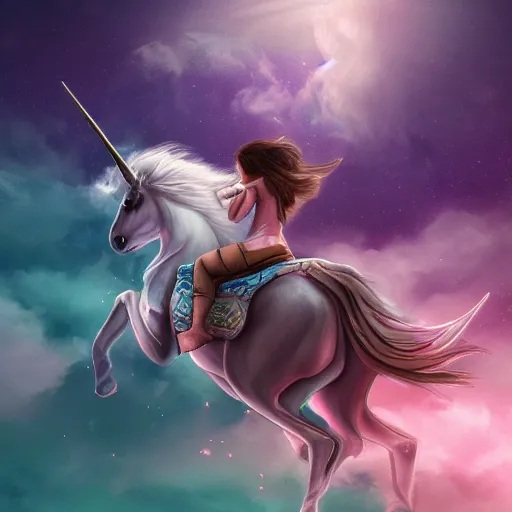 Image similar to digital illustion of a beautiful unicorn riding on the back of a flying mythical roc, deviantArt, artstation, artstation hq, hd, 4k resolution