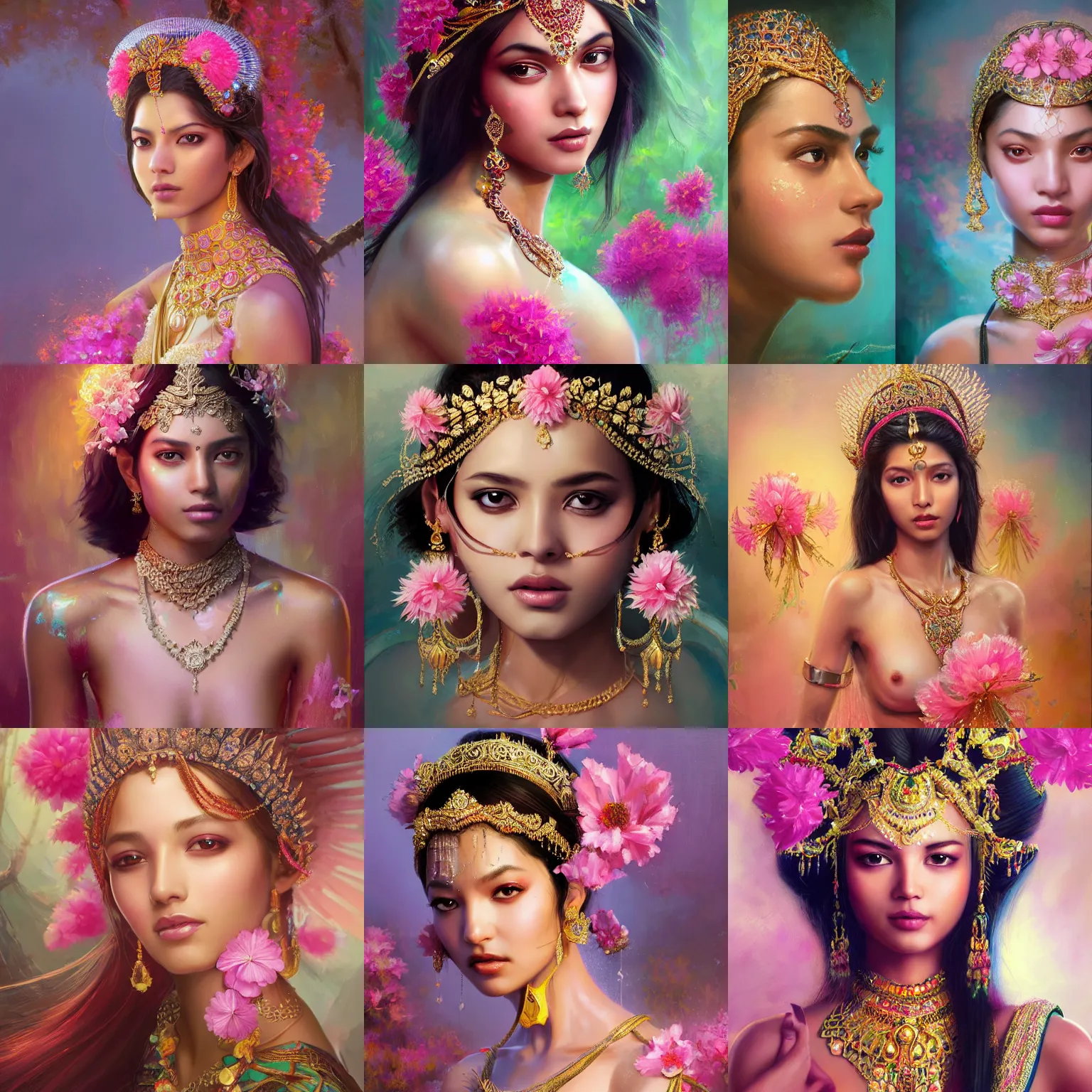 Prompt: expressive oil painting, of alluring indian princess in clear lake, smooth glowing skin, glistening body, ornate headpiece made from pink flowers, glamour shot, by yoshitaka amano, by greg rutkowski, by jeremyg lipkinng, by artgerm, digital art, octane render