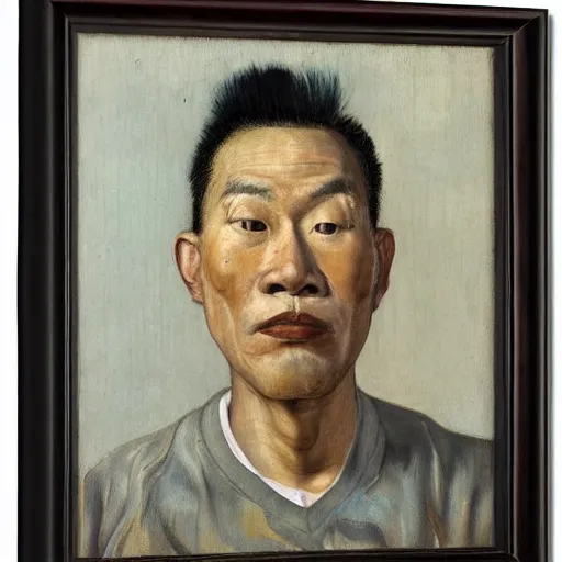 Prompt: detailed portrait of an asian american man in his 3 0 s, by lucian freud, francis bacon, grant wood