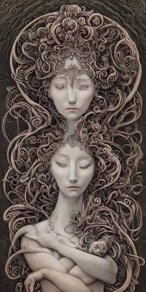 Image similar to a sculpture of mythical creatures by hannah yata, elegant and beautiful female face with her third eye open, carved in stone, intricate, elegant, highly detailed, digital painting by audrey kawasaki, artstation, concept art, ambient occlusion, smoke, foggy vray render,