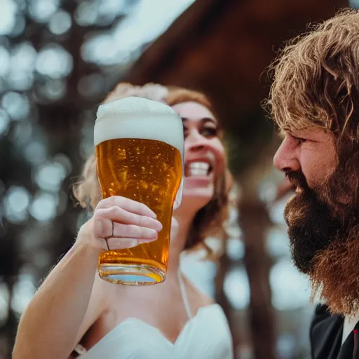 Image similar to caveman getting married drinking a beer in real life, intricate, highly detailed, detailed, hyper realistic, 4 k, 8 k uhd, realistic, great detail