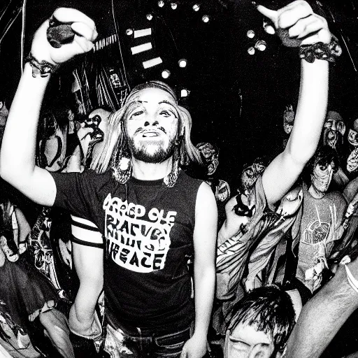 Prompt: a mad raver dancing at a warehouse rave 1988, acid house, smiley face t-shirt, XTC, photorealistic, depth of field, 16k resolution, 35mm camera wideangle