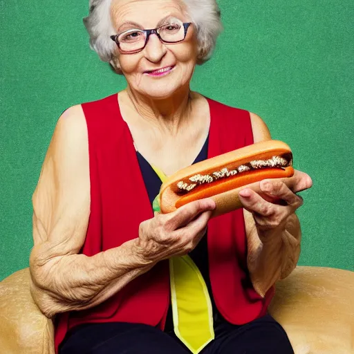 Image similar to old woman and her priceless hot dog, promotional photo from the antiques roadshow, uhd, 8k,