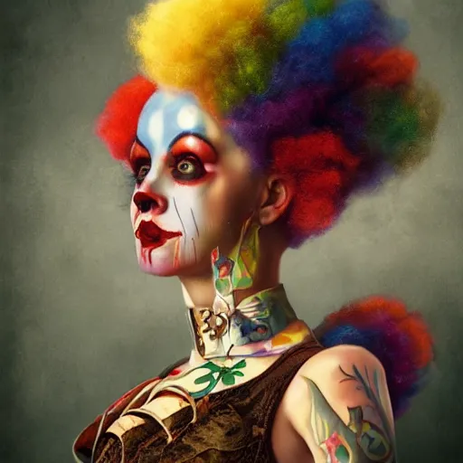 Image similar to photorealistic soft paint of a curiosities carnival, single young beautiful clown dollpunk in a full steampunk corset snakes haircut, symmetry accurate features, ominous depths, elegance, focus, rainbow lighting, very high details, award winning masterpiece, behance, by tom bagshaw