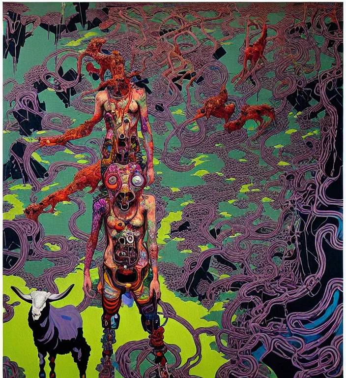 Prompt: pixelated corrupted over-saturated professional , abstract expressionism thick flowing oil acrylic painting , defined colours image of a fully clothed punk cyborg-person in the cyberpunk forest with a goat and a robot by Ivan Bilibin, Austin Osman Spare, high quality, ultra detailed. Beksinski painting, art by Takato Yamamoto. masterpiece, oil on canvas painting, pixelart, pixel sorting, datamosh, glitch. vivid acid neon colours. Futurism by beksinski carl spitzweg moebius and tuomas korpi. baroque elements. baroque element. intricate artwork by caravaggio. Oil painting. 3d rendered in octane. cinematic, pixiv, unreal5, 8k.