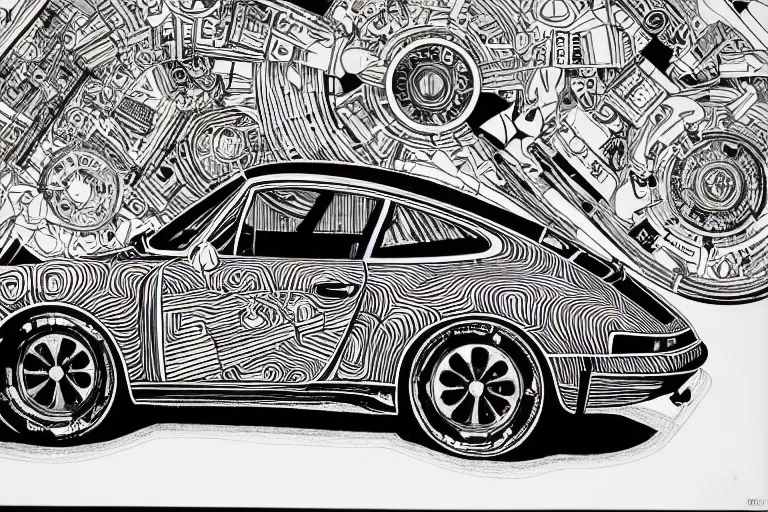 Image similar to a black and white drawing of a porsche 9 1 1, a detailed mixed media collage by hiroki tsukuda and eduardo paolozzi and moebius, intricate linework, sketchbook psychedelic doodle comic drawing, geometric, street art, polycount, deconstructivism, matte drawing, academic art, constructivism