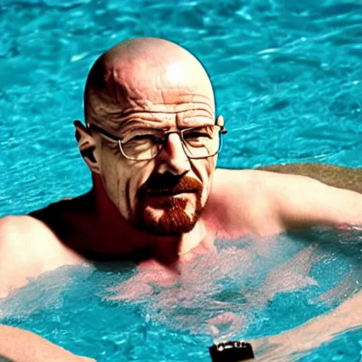 Prompt: photo of walter white relaxing in pool floater