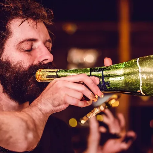 Prompt: photography of the musician marc rebillet drinking champagne at his concert, public is annoyed and throws cans on the stage, 4 k,