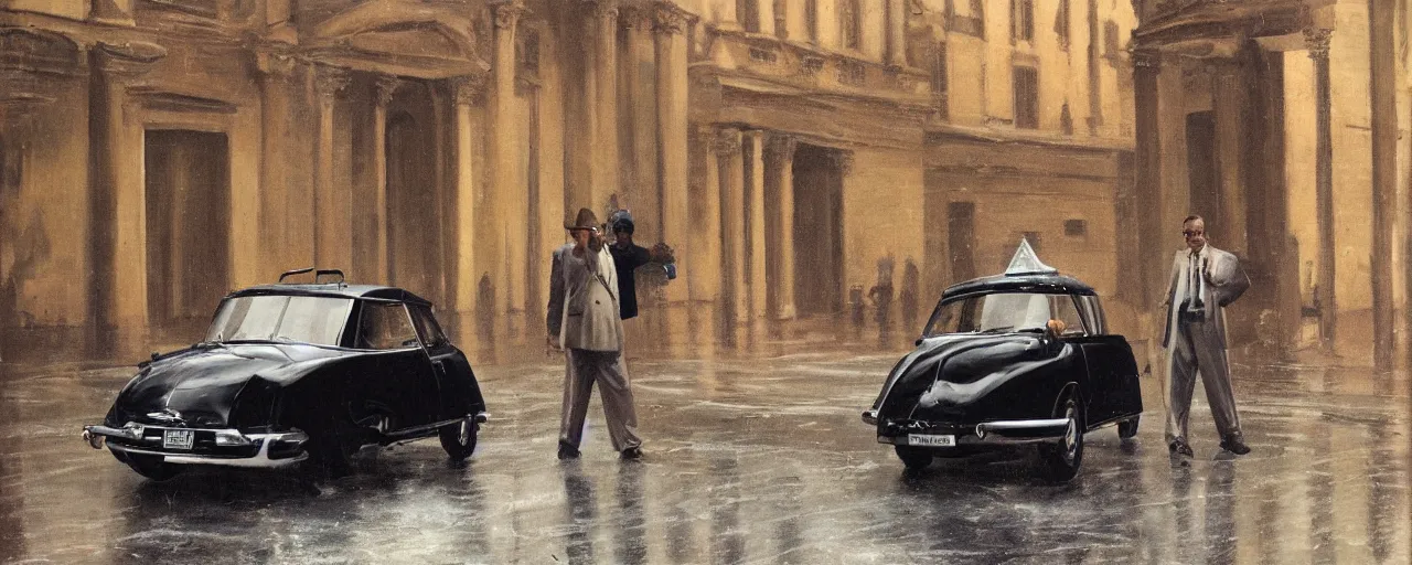 Image similar to A Detective at a black 1955 Citroen DS 19 with the headlights on, parked on the side of the road in the city of Rome while it is raining, by George Tooker, moody, sinister, lighting, hyperrealistic