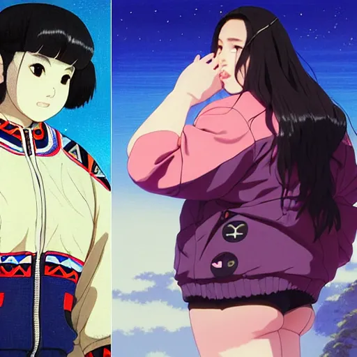 Image similar to a beautiful plus sized model japanese natalie portman, alluring, wearing oversized mayan bomber jacket and leotard with overalls, bulky poofy bomber jacket with mayan patterns, aztec street fashion, gapmoe yandere grimdark, trending on pixiv fanbox, painted by greg rutkowski makoto shinkai takashi takeuchi studio ghibli, akihiko yoshida