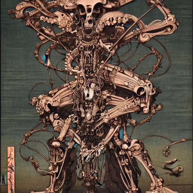 Image similar to still frame from Prometheus by Utagawa Kuniyoshi, Ossiarch Bonereaper ornate bone cyborg god emanating death and power by Wayne Barlowe by peter Mohrbacher by Giger, dressed by Alexander McQueen and by Neri Oxman, metal couture hate couture editorial