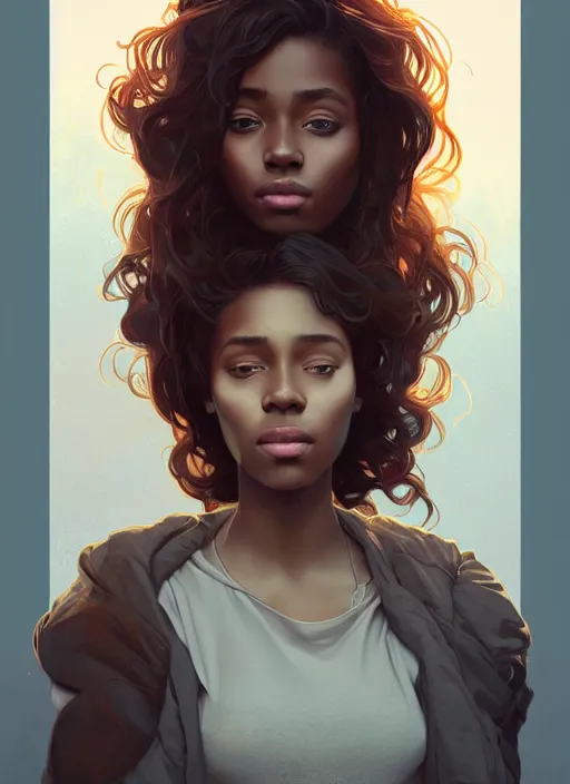 Image similar to handsome young black women with shoulder length brown hair, half body shot, path traced, highly detailed, high quality, digital painting, alena aenami, lilia alvarado, shinji aramaki, karol bak, alphonse mucha, tom bagshaw