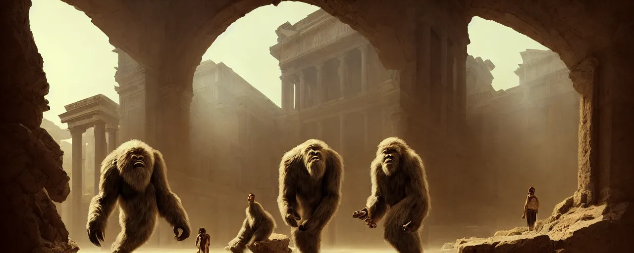 Image similar to duotone concept illustration 3 / 4 portrait of majestic yeti and bigfoot visiting ancient rome museum. cinematic scene. volumetric lighting. golden ratio accidental renaissance. by sachin teng and sergey kolesov and ruan jia and heng z. graffiti art, scifi, fantasy, hyper detailed. octane render. concept art. trending on artstation