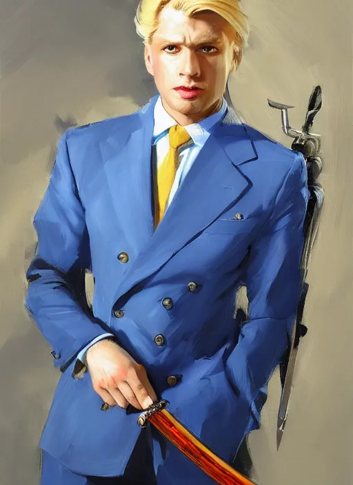 Image similar to greg manchess portrait painting of a blond man in a blue suit with a sword and a pistol, asymmetrical, profile picture, organic painting, sunny day, matte painting, bold shapes, hard edges, street art, trending on artstation, by huang guangjian, gil elvgren, ruan jia, randy vargas, greg rutkowski