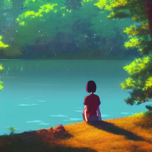 Prompt: a person sitting by a lake, seen from the back, in an enchanted forest, by makoto shinkai, myazaki hayao, warm colors