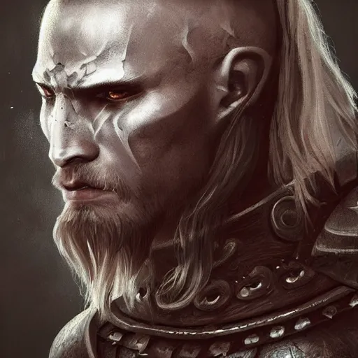 Image similar to portrait of solemn, ice-pale undead viking warrior with black veins and brutalist plate armor with art deco knotwork, elegant, intricate, head and upper body portrait, D&D, fantasy, highly detailed, digital painting, artstation, concept art, sharp focus, illustration, art by artgerm and brom and bezsinski and greg rutkowski and alphonse mucha