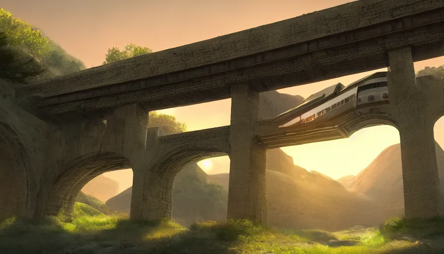 Image similar to futuristic train driving over aqueduct, green hills, matte painting, artstation, sunrise, blue sky, solarpunk