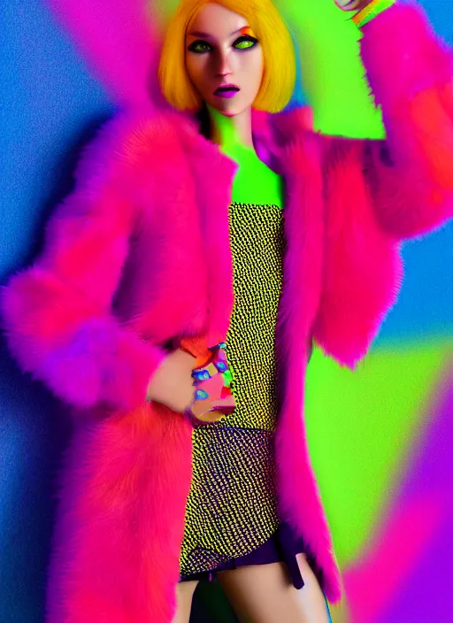 Image similar to coat for a rave, bright colors, many details, prints, photo for a magazine, photo for a store, fashion photography, Vogue, 135 mm, cinematic, hyper realism, high detail, octane render, 8k, chrome accents