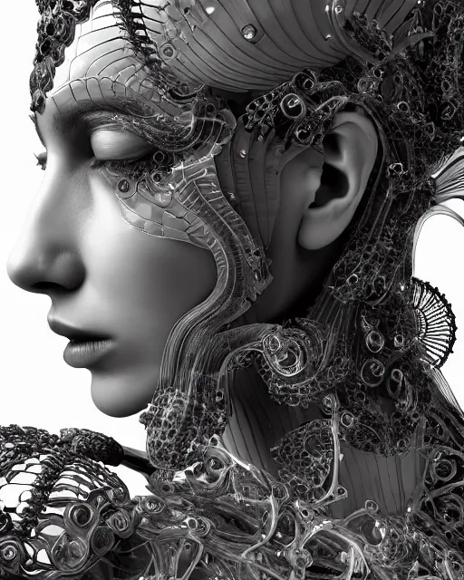 Image similar to mythical dreamy black and white organic bio-mechanical spinal ribbed profile face portrait detail of translucent steampunk beautiful female angelic-human-queen-vegetal-cyborg, highly detailed, intricate crystal jelly ornate, poetic, 3D render, digital art, octane render, 8K artistic photography, photo-realistic, by Dora Maar