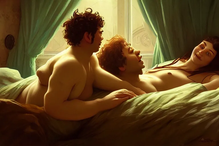 Image similar to russian poet alexander pushkin and shrek lying in bed together, portrait, highly detailed, digital painting, artstation, concept art, smooth, sharp focus, illustration, cinematic lighting, art by artgerm and greg rutkowski and alphonse mucha