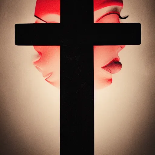 Image similar to shameless woman whis impudent facial expression, shadow of catholic church cross, elegant, dark and mysterious, atmospheric, red, trending on artstation, highly detailed, digital painting, volumetric light, concept art, illustration