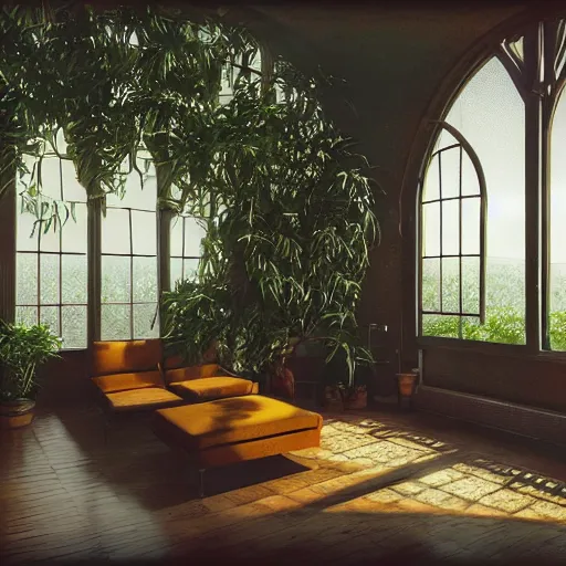 Image similar to 70s interior with arched windows, natural sunlight, summer, hanging plants, cinematic, cyberpunk, lofi, calming, dramatic, fantasy, by Moebius, by zdzisław beksiński, Fantasy LUT, epic composition, sci-fi, dreamlike, surreal, angelic, cinematic, 8k, unreal engine, photorealistic, fantasy concept art,