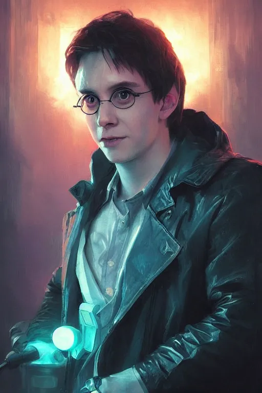 Image similar to portrait of Ron Wisly from harry potter in cyberpunk, neon lighting, night city, digital art from artstation by Ruan Jia and Mandy Jurgens and Artgerm and william-adolphe bouguereau and Greg Rutkowski and Wayne Barlowe