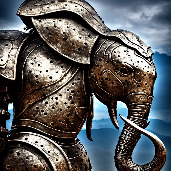 Image similar to photo of a warrior with metal elephant themed armour, highly detailed, 4 k, hdr, smooth, sharp focus, high resolution, award - winning photo