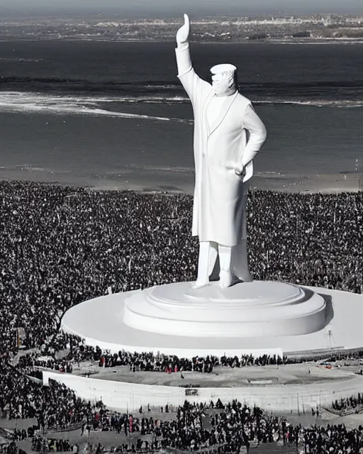 Image similar to a gigantic 1000 foot tall white marble statue of president Donald trump giving his thumbs up sign, dwarfs thousands of onlookers on a beach, as a fleet of Silver Flying saucers watch from above, cinematic