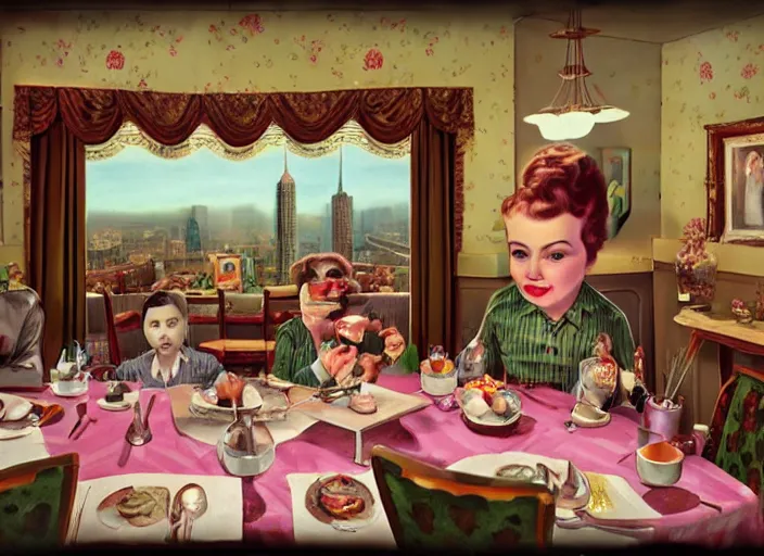 Image similar to inside 1 9 5 0 s dinner, lowbrow, matte painting, 3 - d highly detailed, in the style of mark ryden,