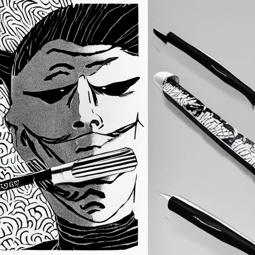 Image similar to a product photo of a technical reed pen exacto knife by junji ito, ethereal eel klaus nomi