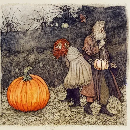 Prompt: a watercolor and ink illustration of hagrid and harry in a pumpkin patch by arthur rackham and edmund dulac