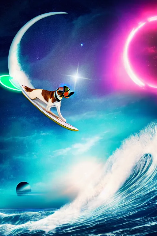 Image similar to beagle dog surfing a surfboard on a sparkly crashing wave of alien ocean in space, background is a moon in nebula, aliens in the background, alien neon colors, octane render, unreal engine, wide view, 8 k, highdetaild