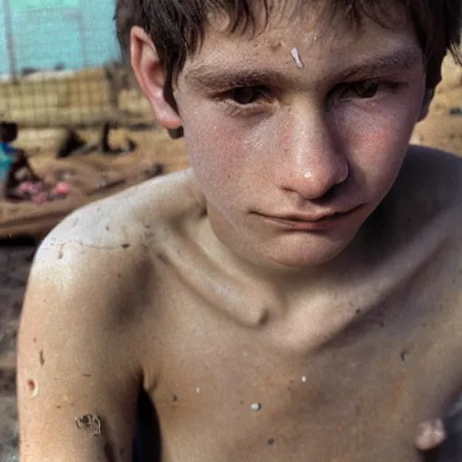 Image similar to a teenage boy, around 1 9 years old with natural brown hair, loincloth and sandals, pale skin. as homeless. detailed face. slums in background. natural colors. hyperrealistic photo.