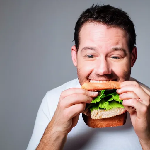 Prompt: a medium shot studio photograph of a man 35 years old eating a sandwich of microphone