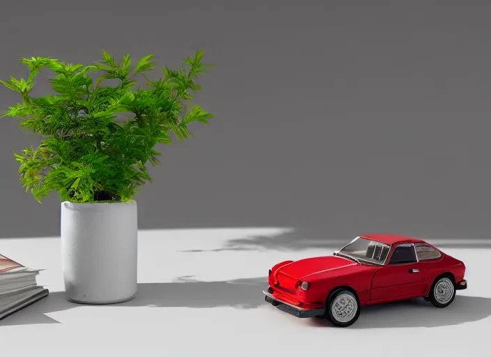 Image similar to a small miniature of a red Datsun 1200 on a white table near a book and a vase with a plant, 3d render, octane render, unreal engine 5, path tracing, serene landscape, calm, relaxing, beautiful landscape, highly detailed, high quality, 4k, symmetrical, low contrast