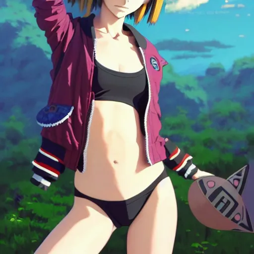 Image similar to beautiful boyish natalie portman gravure model in majora's mask, wearing big mayan bomber jacket with overalls and leotard, big bomber jacket with subtle mayan patterns, aztec bathing suit, gapmoe yandere grimdark, trending on pixiv fanbox, painted by greg rutkowski makoto shinkai takashi takeuchi studio ghibli, akihiko yoshida