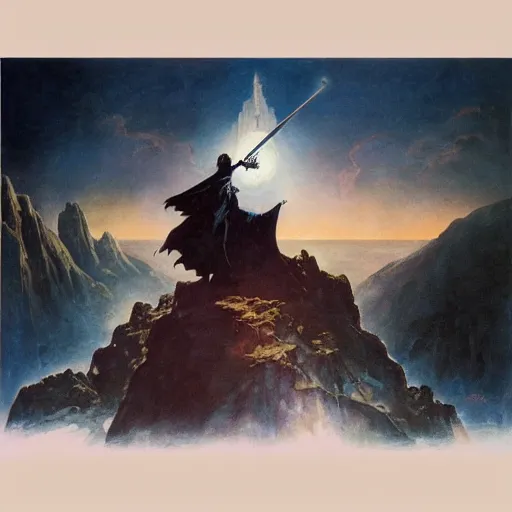 Prompt: symphonic metal album cover of a wizard holding a sword and standing on a cliff near the ocean at night by frank frazetta