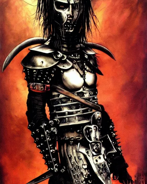 Image similar to portrait of a skinny punk goth warrior wearing armor by simon bisley, john blance, frank frazetta, fantasy, barbarian, hardcore