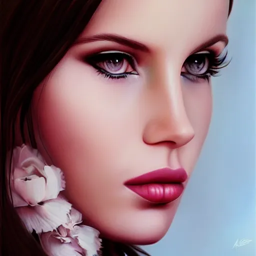 Image similar to beautiful realistic portrait of Lana del Rey by artgerm