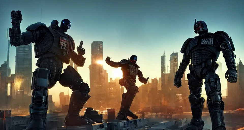 Prompt: Judge Dredd Battles Robocop In An Futuristic Industrial City , sunset, volumetric lighting, hyperrealistic, beautiful details, HDR, octane render, action shot, wide angle, bokeh, Yasushi Niarasawa Moebius Jim Steranko Style