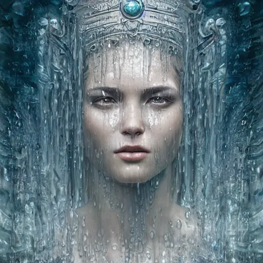 Image similar to photo realistic image of a goddess of rain, made of water, wet, stunning 3 d render inspired art by istvan sandorfi and greg rutkowski, perfect facial symmetry, realistic, highly detailed attributes and atmosphere, dim volumetric cinematic lighting,