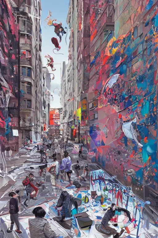 Image similar to people in a busy city people looking at a white building covered with a 3d graffiti mural with paint dripping down to the floor, professional illustration by james jean, painterly, yoshitaka Amano, hiroshi yoshida, moebius, loish, painterly, and artgerm, illustration