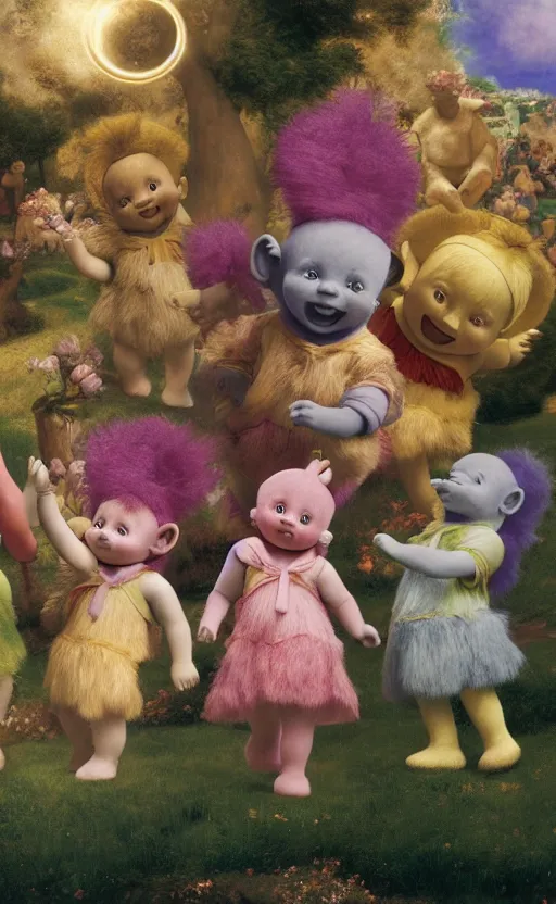Prompt: Teletubbies renaissance movement by Adrian Smith and Delphin Enjolras and Daniel F. Gerhartz and Lawrence Alma-Tadema