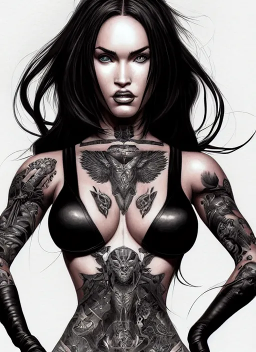 Prompt: symmetry!! gantz portrait of megan fox as a tattoo model, unholy, intricate, highly detailed, dynamic lighting, digital art, digital painting, artstation, terence nielsen, sharp focus, illustration, art by artgerm and greg rutkowski and moebius, 8 k