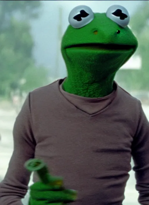 Image similar to film still of Kermit the Frog as The Terminator in Terminator, 4k
